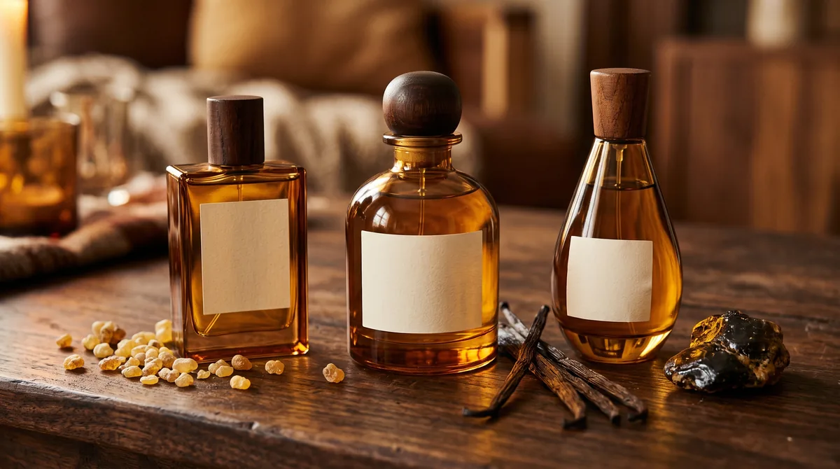 Flaconi dei migliori profumi ambrati accanto a grani di resina dorata e bacche di vaniglia su un piano di legno scuro