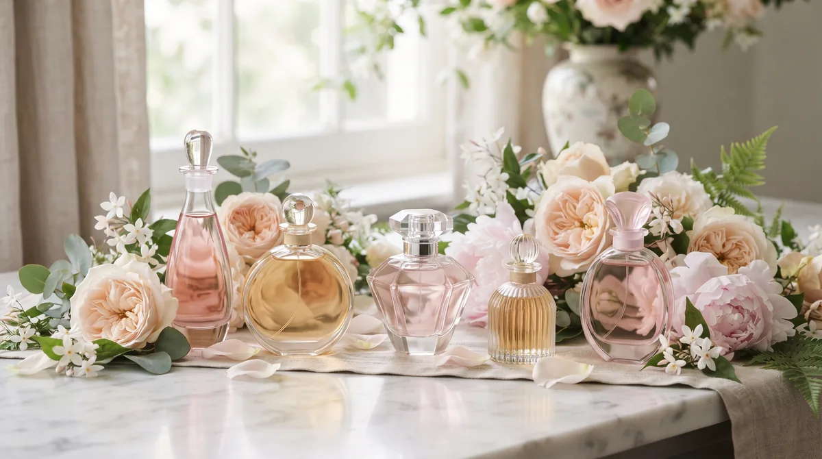 Flaconi dei migliori profumi floreali donna tra peonie, gelsomino e rose su un piano di marmo chiaro alla luce naturale