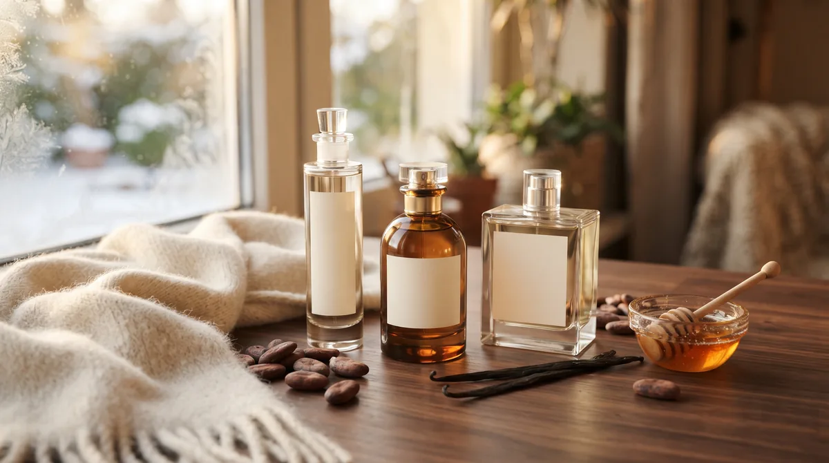 Flaconi di profumi invernali donna su un tavolo di legno scuro con sciarpa di lana, fave di cacao, vaniglia e miele