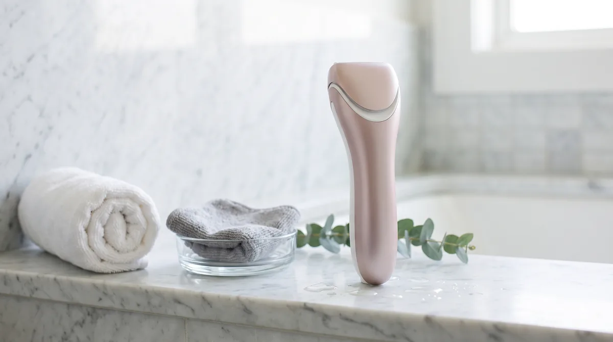 Migliori rasoi elettrici donna: sei modelli wet and dry per gambe, ascelle e zona bikini allineati su una mensola da bagno