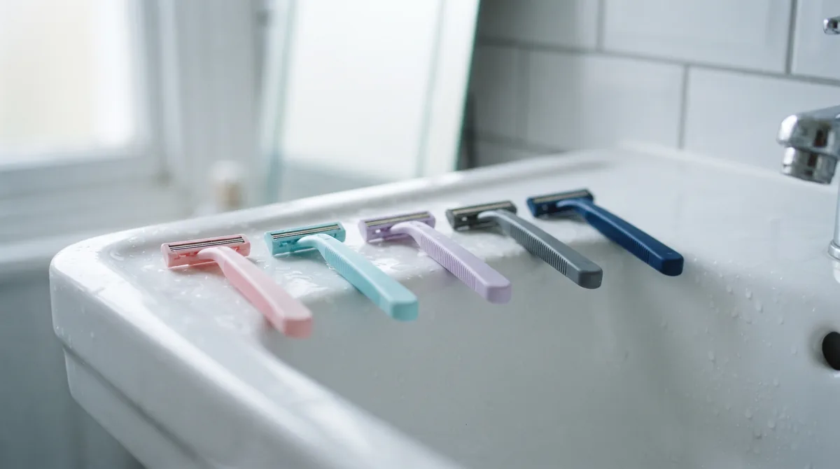 Migliori rasoi usa e getta: cinque rasoi monouso da uomo e da donna allineati sul bordo di un lavabo bianco