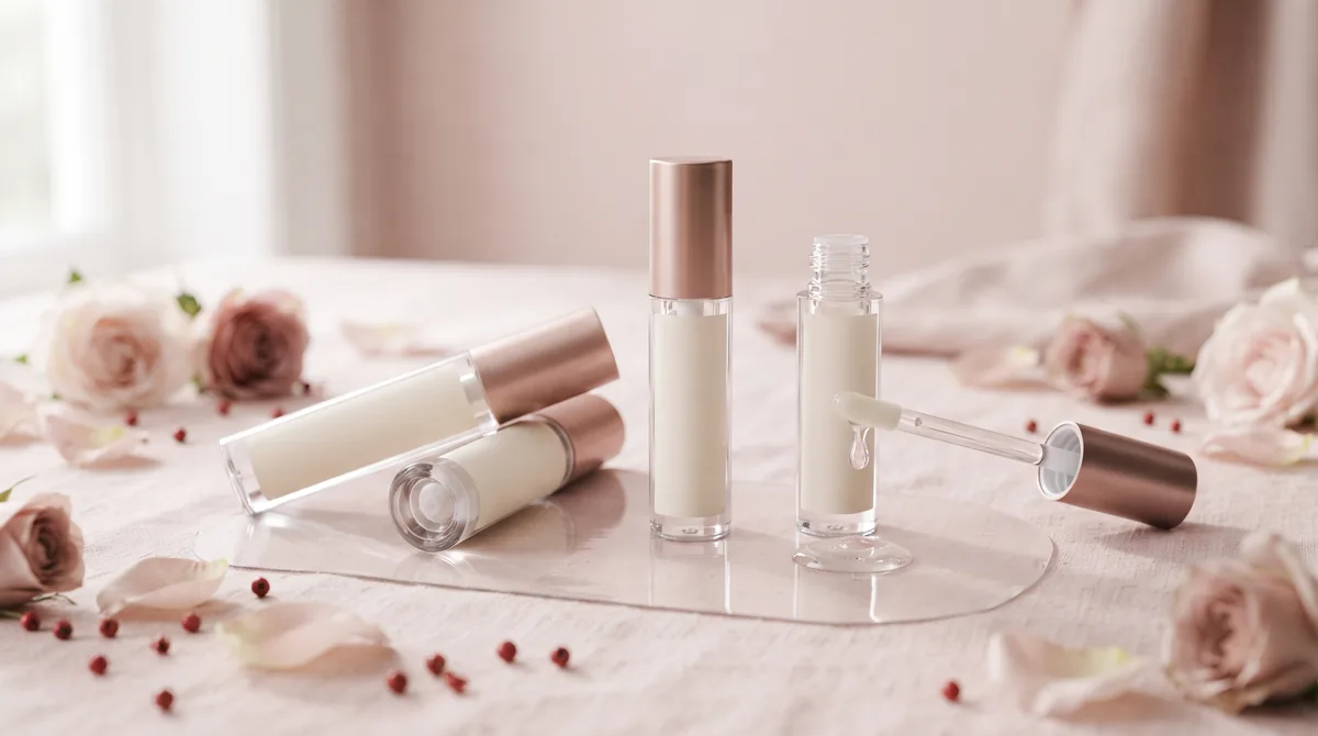 Siero rimpolpante labbra con applicatore e gloss trasparente su un piano chiaro accanto a petali di rosa