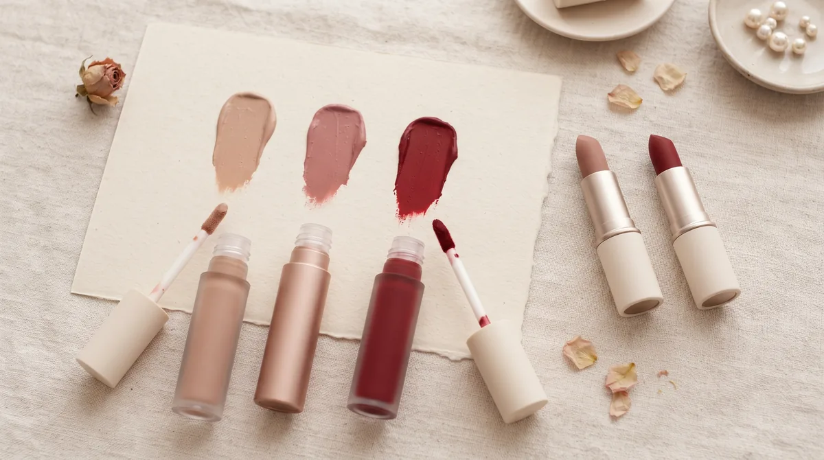 Rossetti matte liquidi e in stick su un piano chiaro, con swatch opachi nude, rosa antico e rosso a confronto