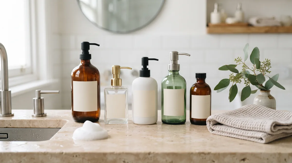 Dispenser di sapone liquido per le mani su un lavabo bianco, con schiuma sulle mani e un flacone di ricarica accanto
