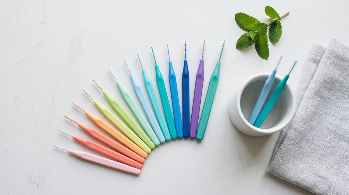 Scovolini interdentali di misure e colori diversi allineati accanto a un blister aperto su un piano da bagno chiaro