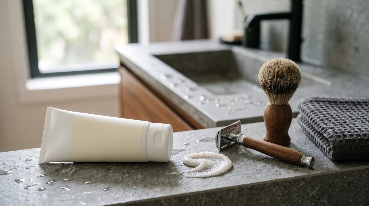 Miglior scrub viso uomo: tubetto bianco di esfoliante con granuli su un lavabo accanto a rasoio e pennello da barba