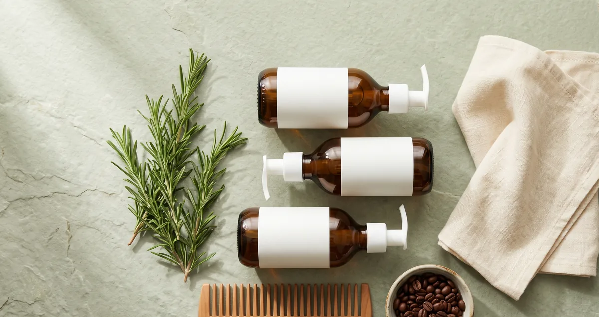 Cinque flaconi tra i migliori shampoo anticaduta allineati su superficie chiara con spazzola in legno e asciugamano