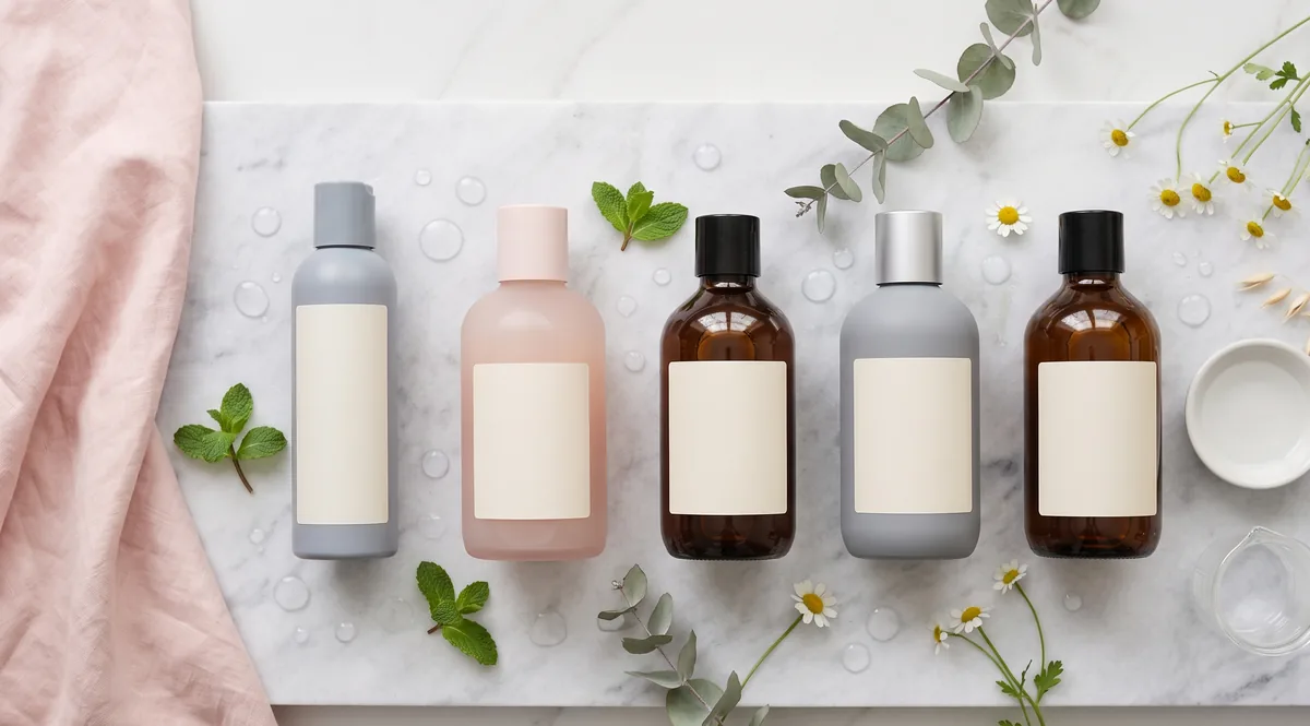 Cinque flaconi dei migliori shampoo antiforfora allineati su superficie chiara con asciugamano bianco