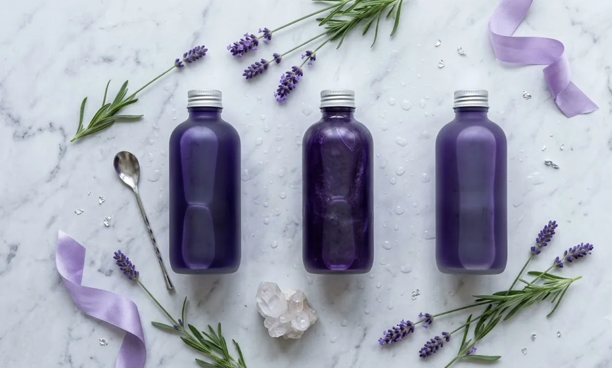 Cinque flaconi dei migliori shampoo antigiallo viola allineati su ripiano chiaro accanto a una ciocca di capelli biondi platino