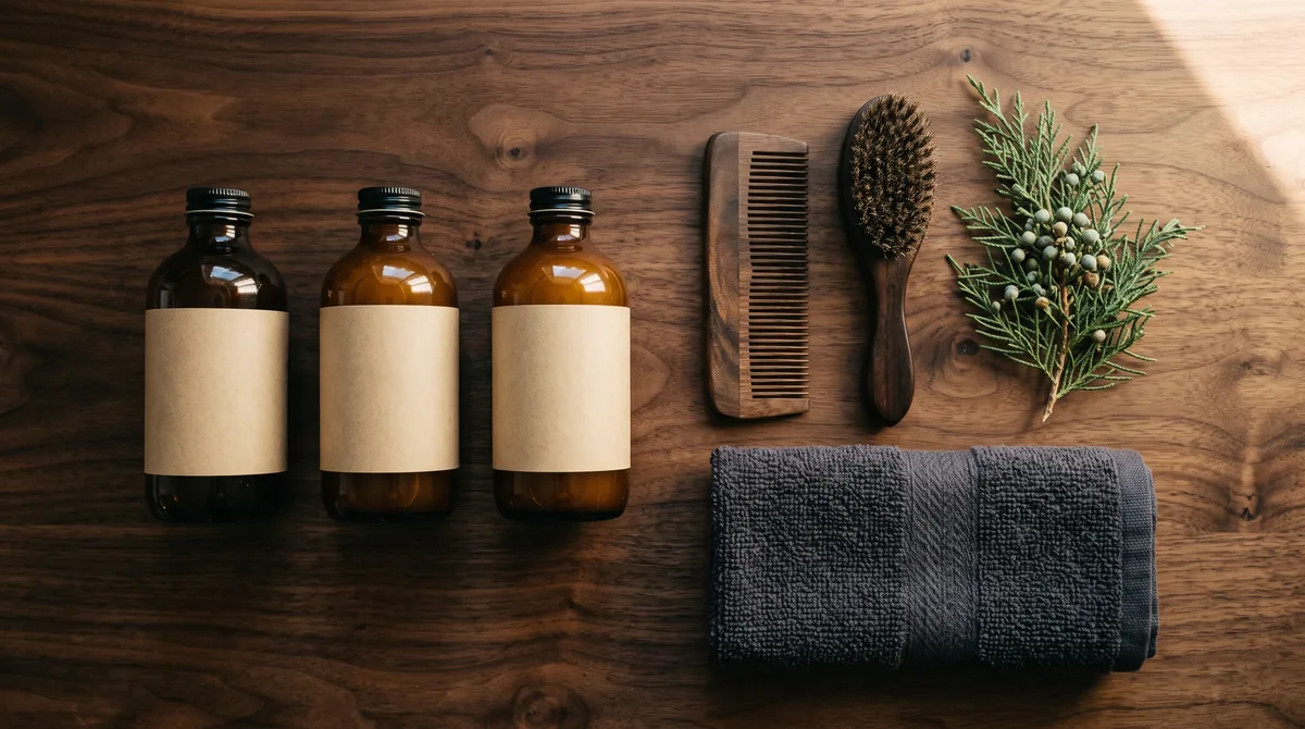 Sei flaconi di shampoo barba allineati su un ripiano di legno accanto a una spazzola e a un asciugamano