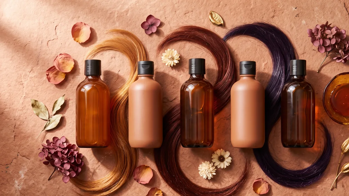 Sei flaconi tra i migliori shampoo per capelli colorati allineati su una mensola chiara accanto a una ciocca ramata