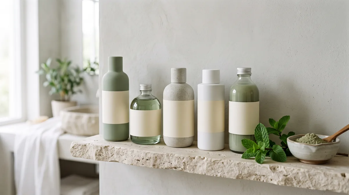 Flaconi di shampoo seboregolatore su un ripiano chiaro da bagno, selezione per cute grassa e capelli che si ungono in fretta