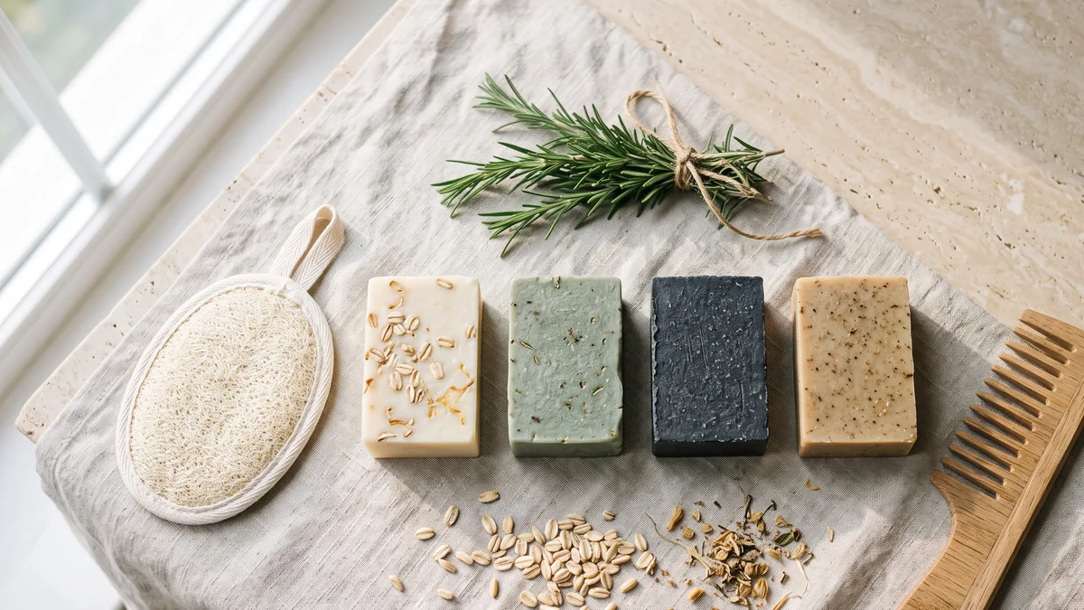 Cinque panetti tra i migliori shampoo solidi disposti su un portasapone in ceramica in un bagno luminoso