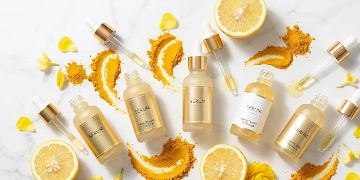 Cinque sieri anti-macchie viso con pipette su superficie bianca con limone tagliato e petali luminosi