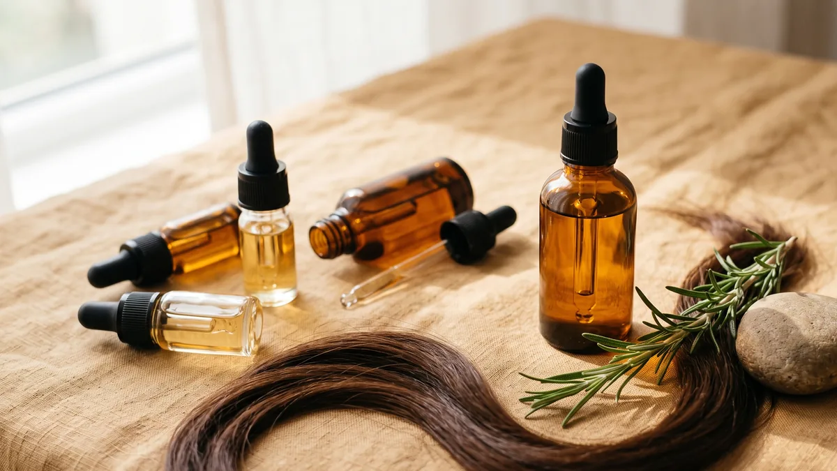 Sei tra i migliori sieri per capelli allineati su un ripiano chiaro accanto a una ciocca lucida e a un pettine in legno