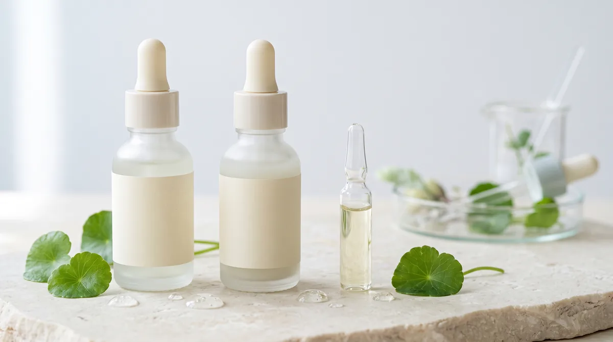 Migliori sieri agli esosomi: flaconi di siero viso con contagocce su un piano chiaro e foglie di centella