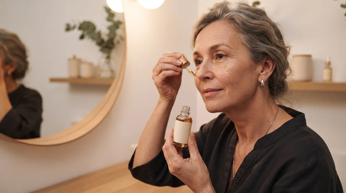 Mani di donna over 50 che stendono il siero sul viso la sera