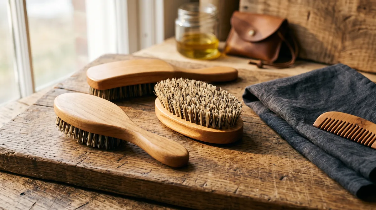 Spazzole per barba in setole di cinghiale e legno allineate su un ripiano scuro accanto a un pettine
