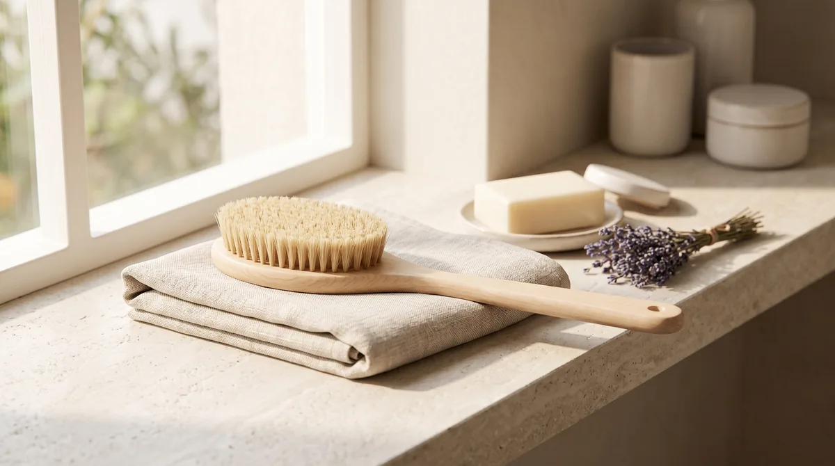 Spazzole corpo a secco con setole naturali e manico in legno appoggiate su un piano chiaro accanto a un asciugamano