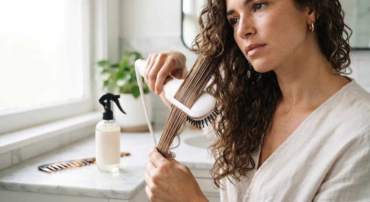 Spazzola lisciante ad aria usata su una ciocca di capelli ricci umidi, metà già lisciata e lucida