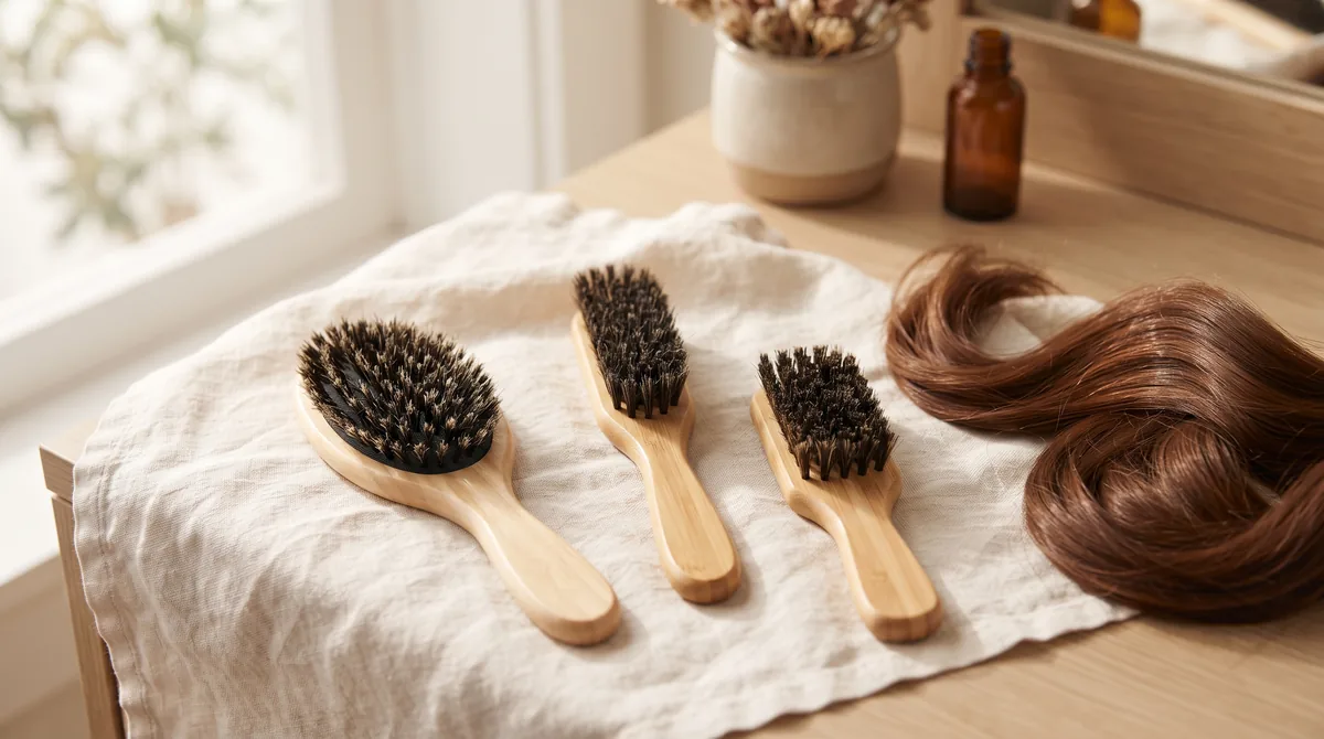 Spazzole in setole di cinghiale naturali con manico in legno su un piano di lino chiaro, accanto a capelli lucidi