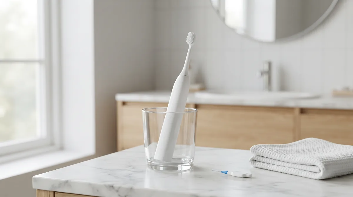 Spazzolino elettrico per apparecchio fisso con testina ortodontica e scovolino accanto a un bicchiere su un lavabo