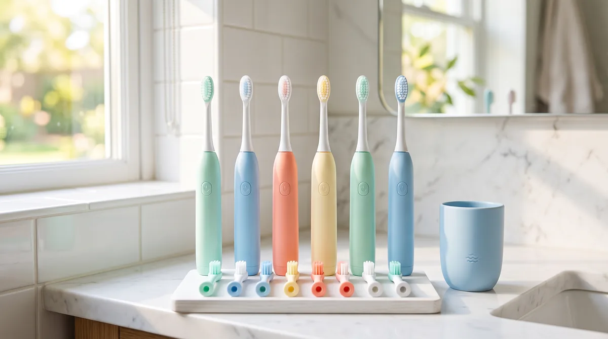 Spazzolini elettrici per bambini allineati con le testine di ricambio colorate: confronto per fascia d'età