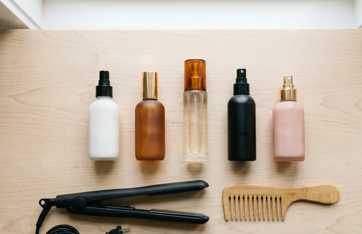 Cinque spray termoprotettori per capelli allineati su superficie in legno chiaro con piastra per capelli nera e pettine in bambù