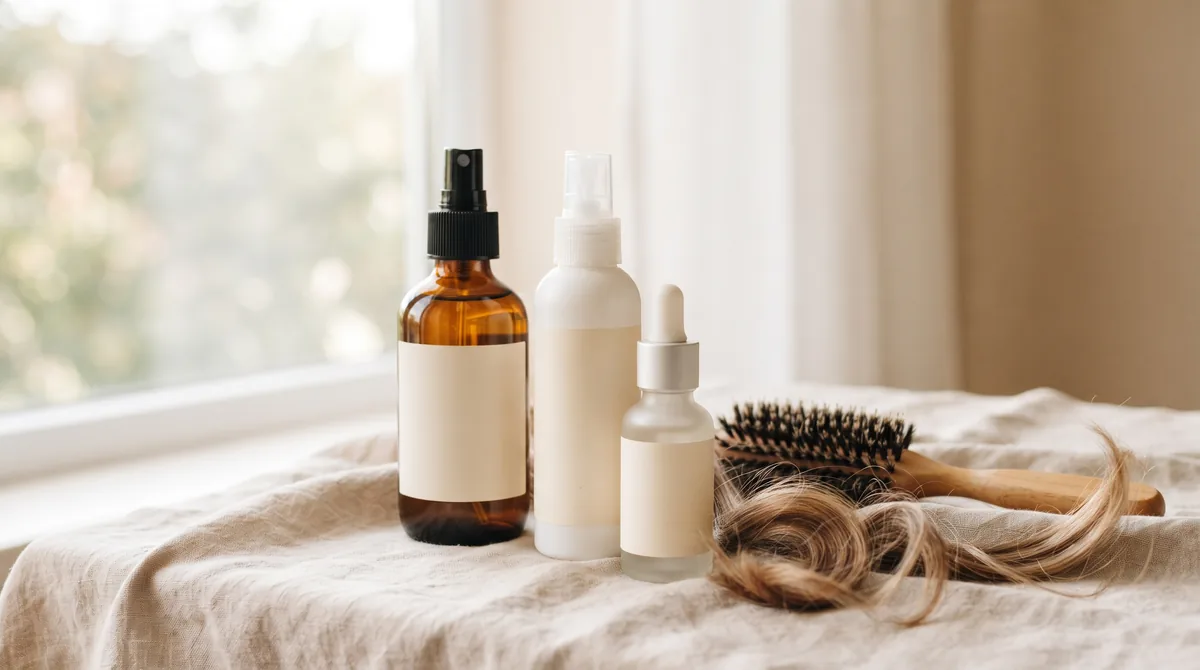 Spray volumizzante per capelli in flacone neutro accanto a una chioma castana fine con le radici sollevate e voluminose
