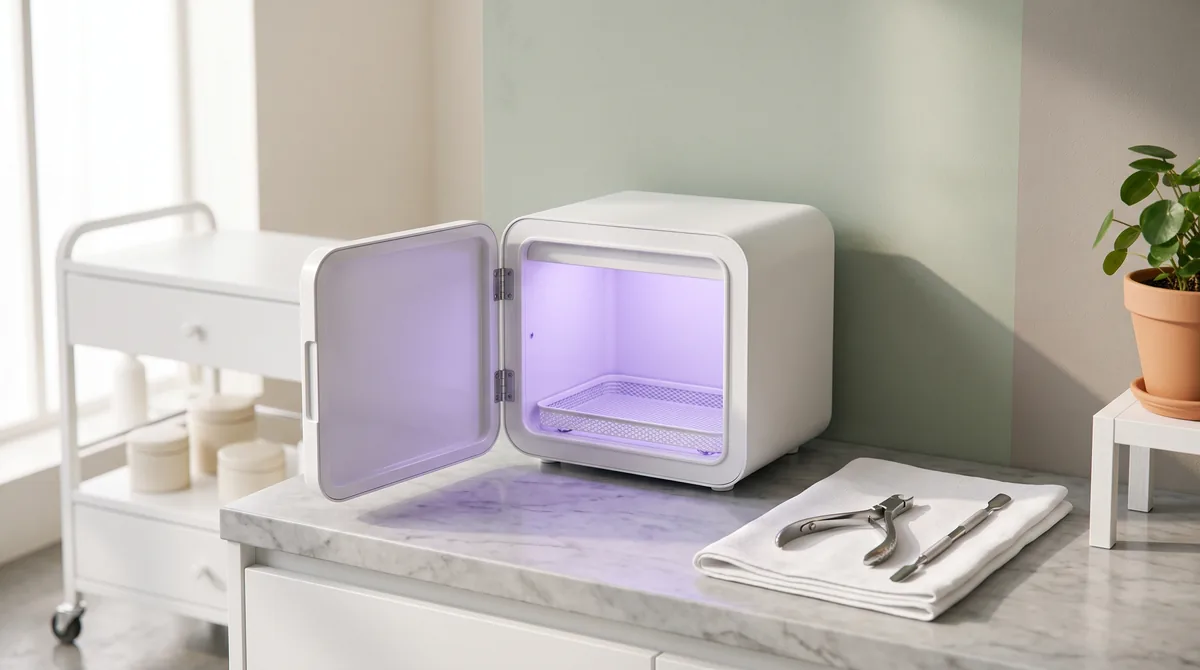 Armadietto sterilizzatore UV per manicure aperto con tronchesine, forbicine e spingicuticole disposte sul ripiano in acciaio