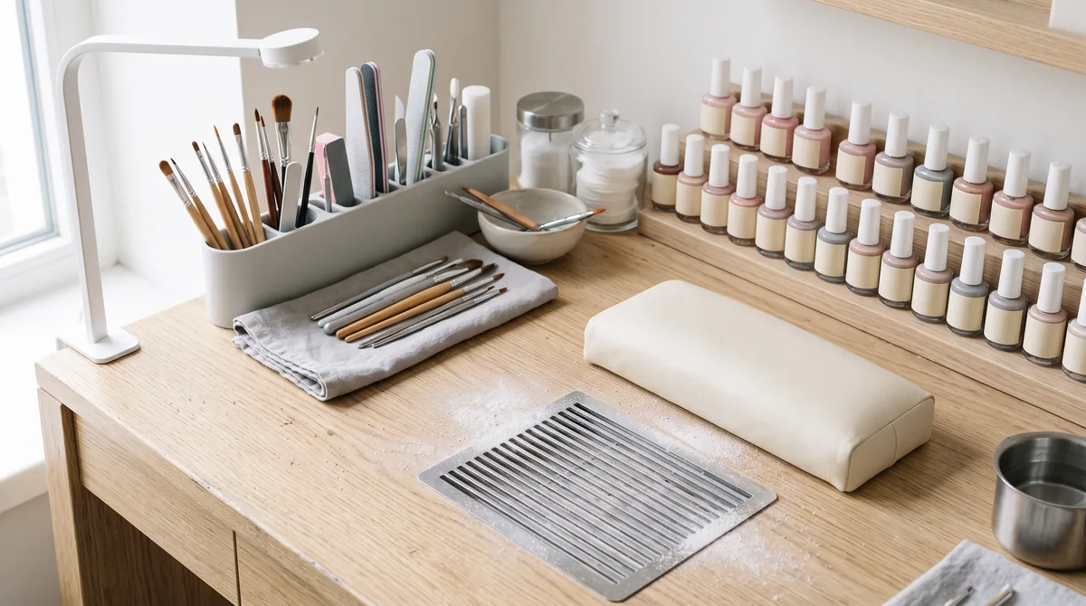 Tavolo manicure con aspiratore integrato nel piano, cassetti e luce LED, in uno studio di ricostruzione unghie