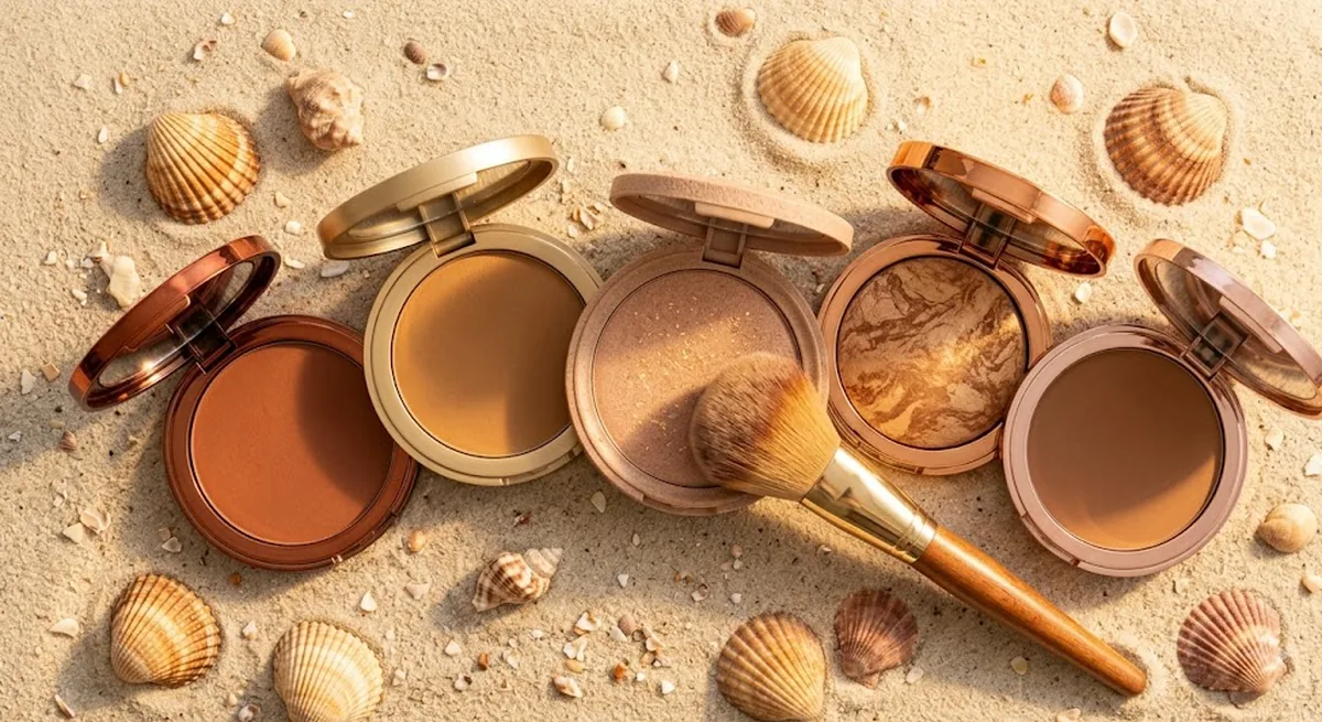 Cinque terre abbronzanti viso (bronzer) compatte e in burro disposte su sfondo neutro con pennello da make-up