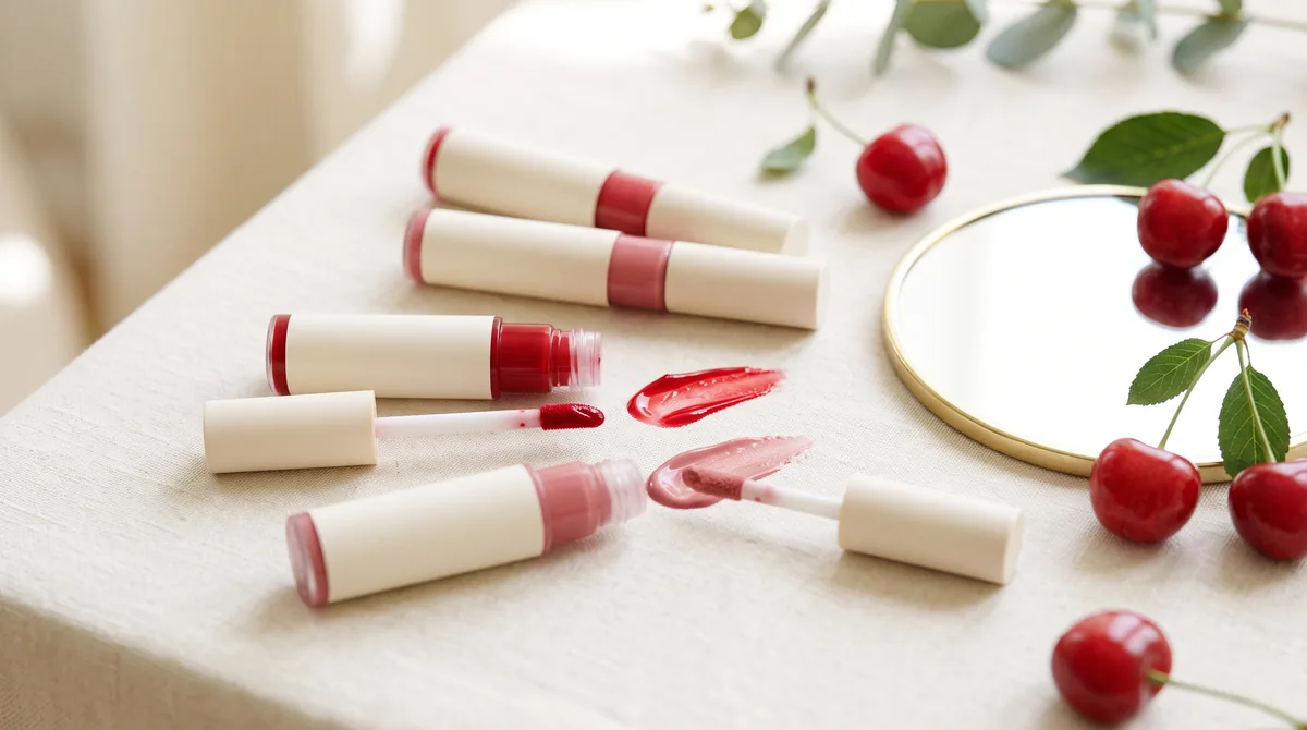 Migliori tinte labbra coreane con applicatore aperte su un ripiano chiaro, con macchie di colore ciliegia e rosa