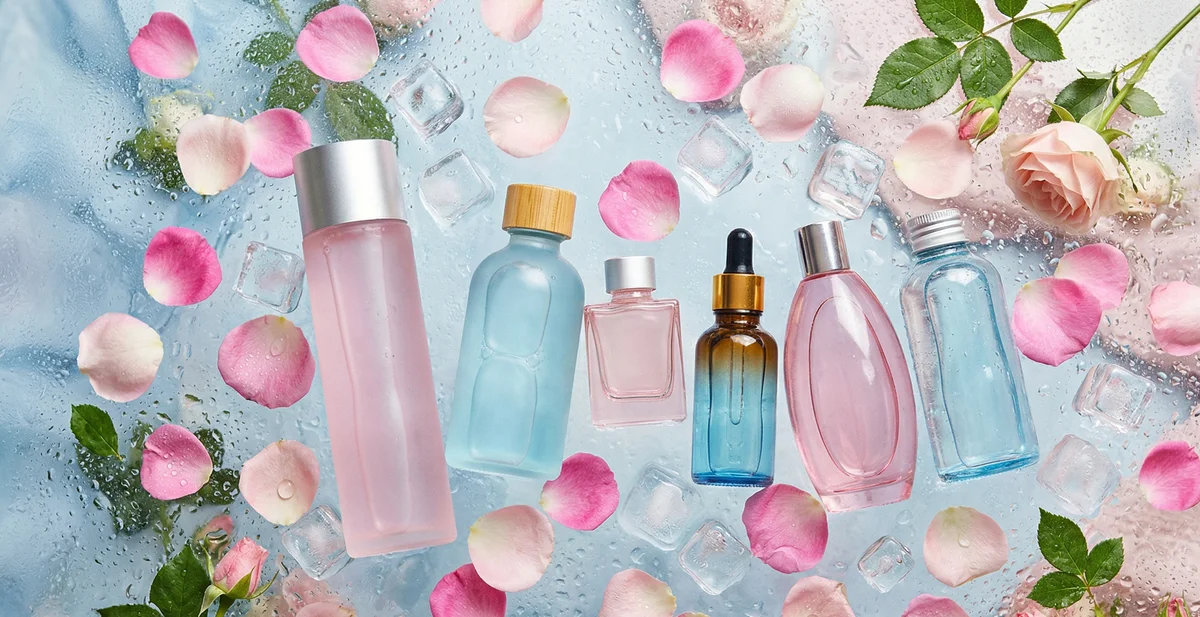 Tonici viso migliori disposti su sfondo chiaro con cotton pad e texture prodotto