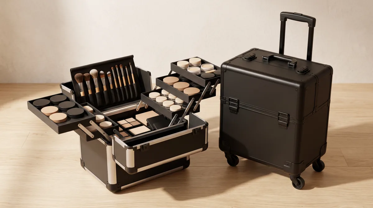Trolley trucco professionale nero aperto con cassetti estraibili, pennelli e prodotti make up organizzati