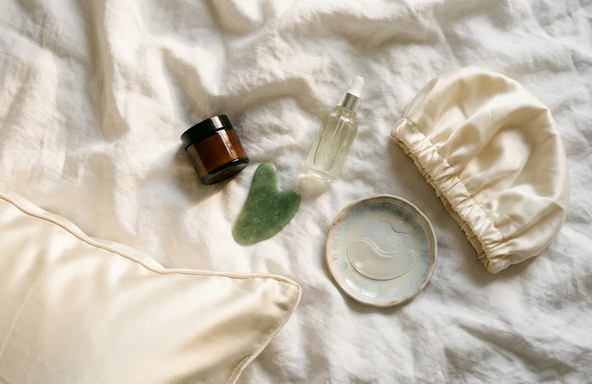 Donna al risveglio rimuove sheet mask e cuffia di seta nella morning shed routine skincare