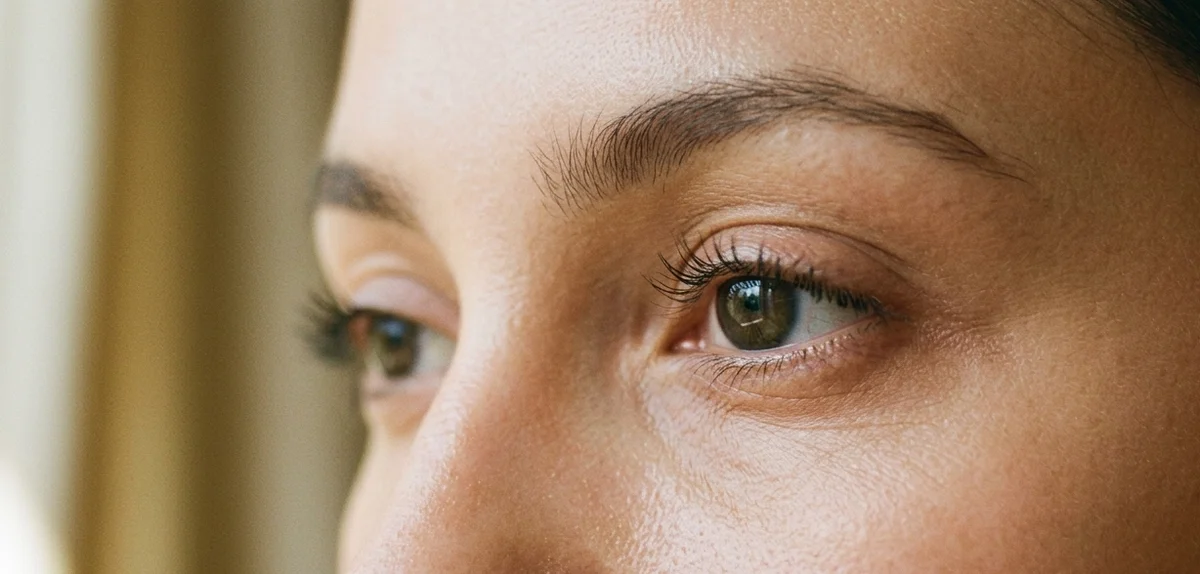 Primo piano di zona perioculare con applicazione di contorno occhi leggero per trattamento occhiaie e borse