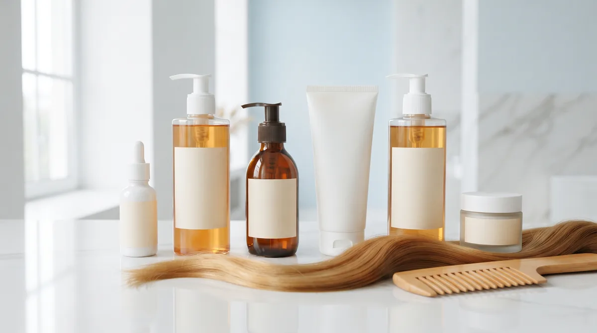 Flaconi Olaplex numerati su un ripiano del bagno accanto a capelli lunghi decolorati, per le recensioni dei migliori prodotti Olaplex