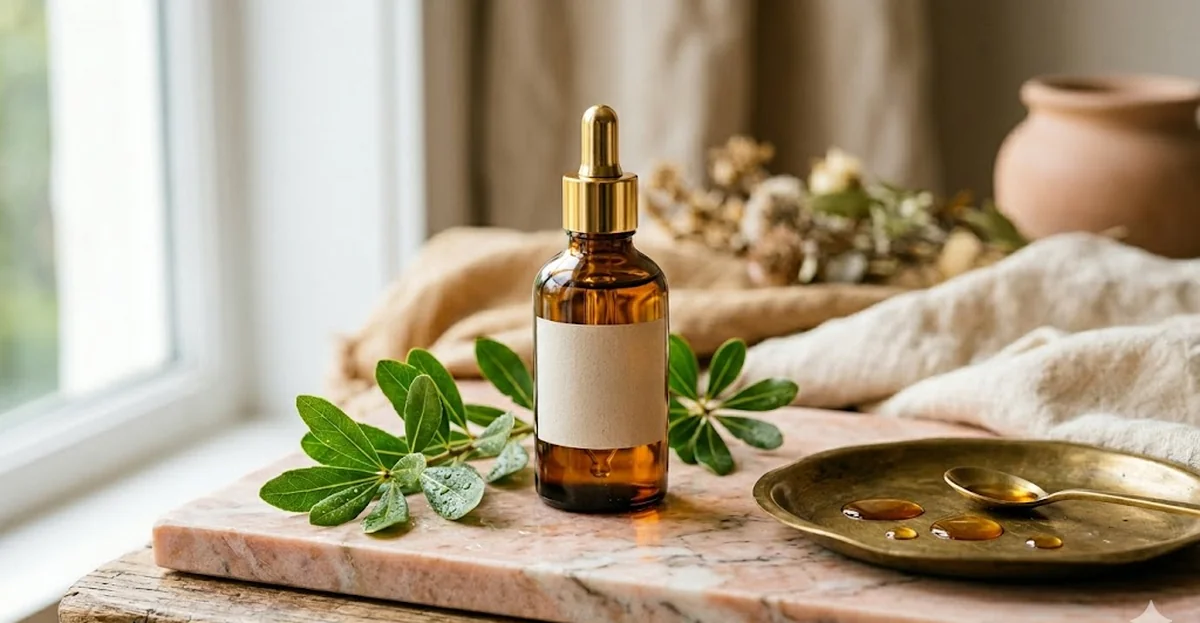 Bottiglia di olio di argan puro accanto a frutti di argania e ciocca di capelli lucidi su lino beige