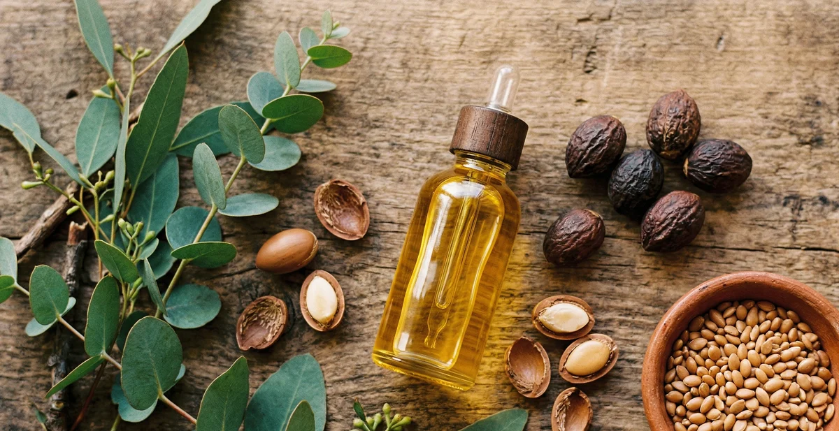 Bottiglia di olio di argan puro con noci di argan su superficie in marmo bianco con foglie verdi