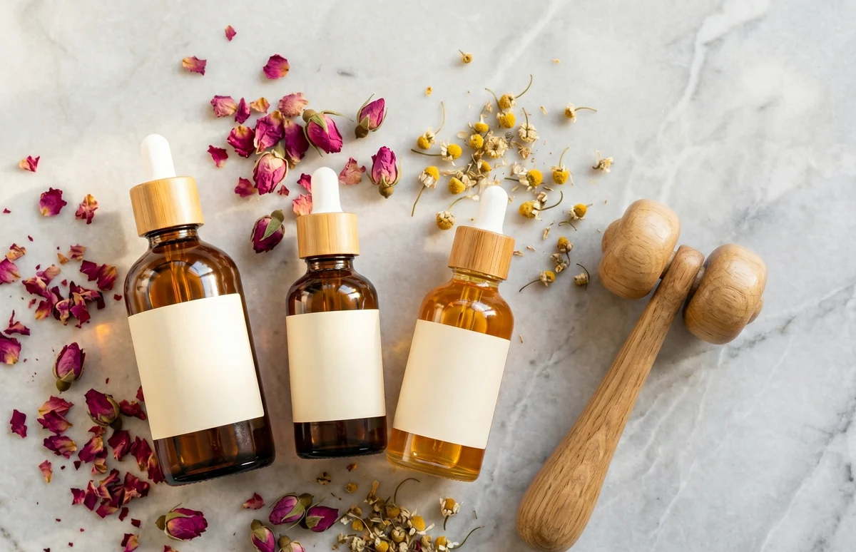 Flat lay di oli per il corpo in fiale di vetro ambrato su tessuto in lino con fiori secchi e petali gialli