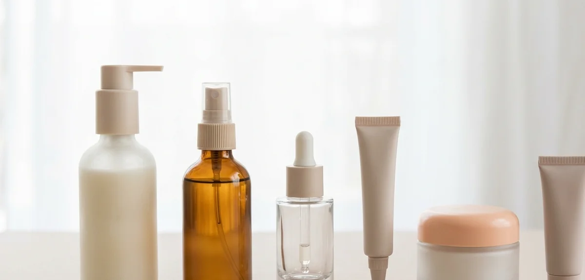 Prodotti skincare disposti in ordine dal più leggero al più denso su superficie chiara con texture visibili