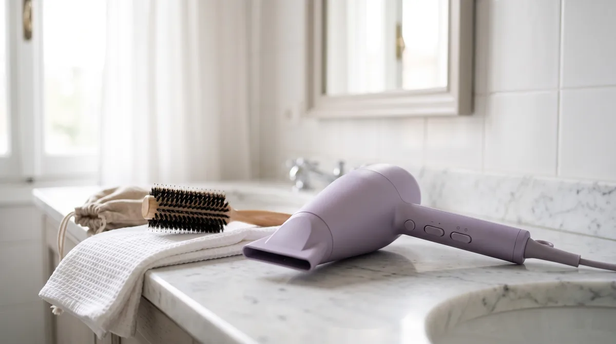 Parlux recensioni: asciugacapelli professionale lilla con bocchetta e spazzola su un piano da bagno chiaro