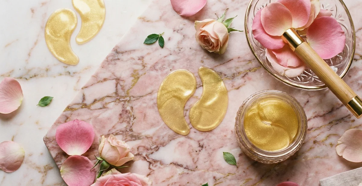 Patch occhi in gel dorati e trasparenti su sfondo chiaro con texture