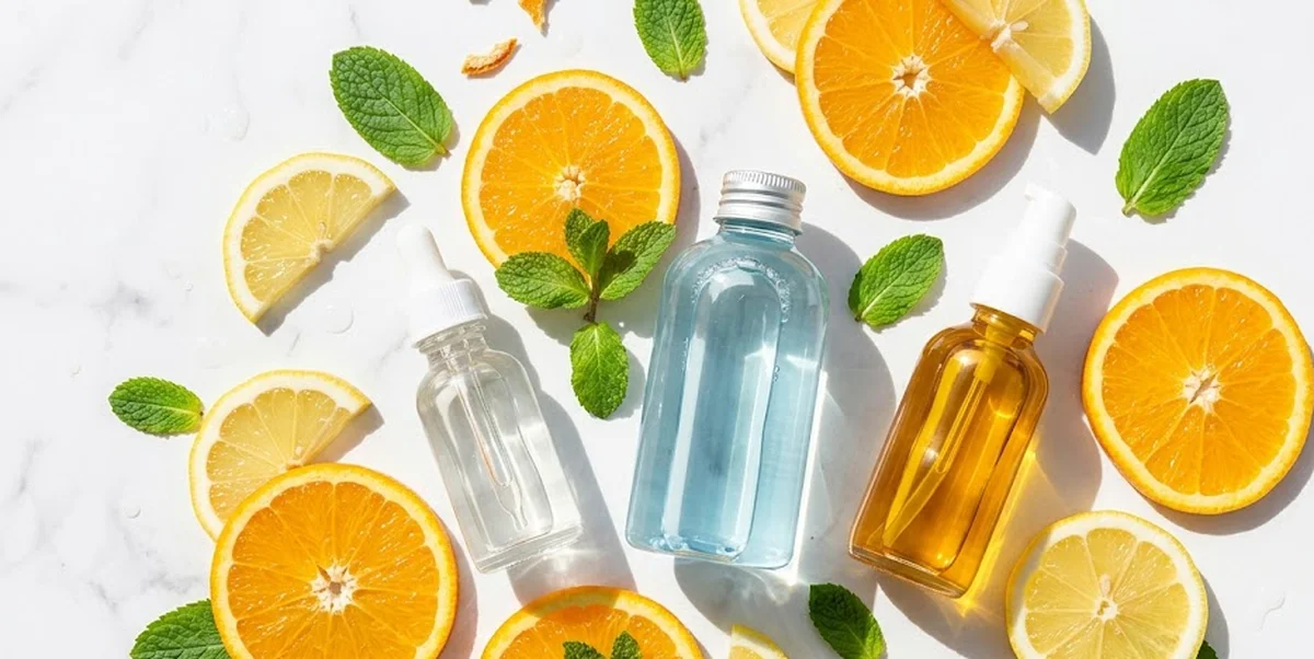 Sieri e acidi esfolianti su sfondo luminoso per skincare estiva