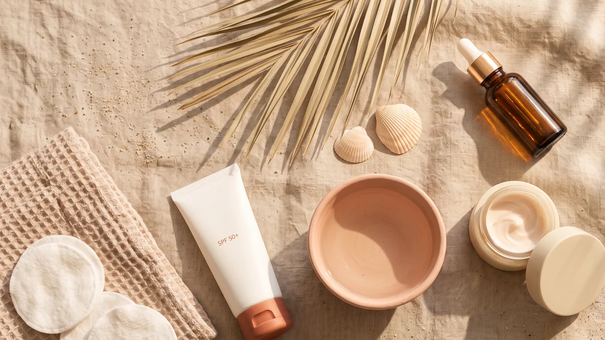 Prodotti per la routine di recupero della pelle dopo l'estate su lino color sabbia: siero, crema idratante, solare e conchiglie
