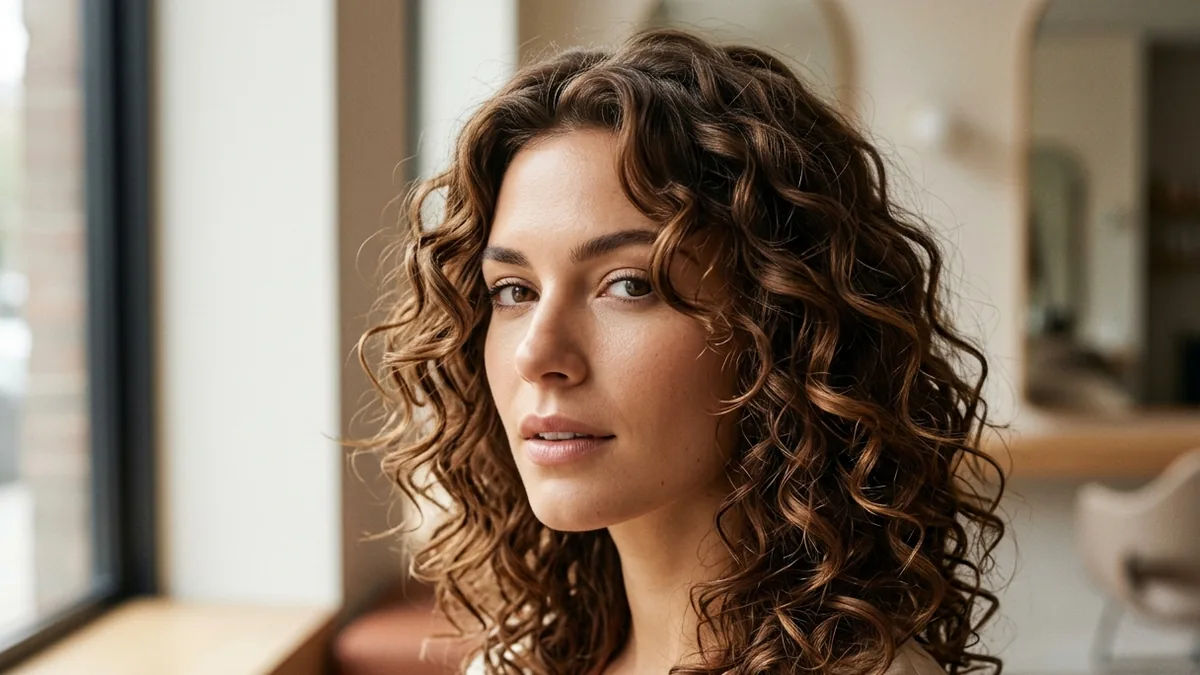 Ricci definiti su chioma castana dopo una permanente capelli, dettaglio della texture in luce naturale