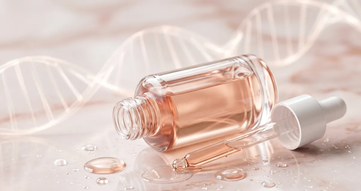 Siero con polinucleotidi PDRN versato da un contagocce accanto a un'illustrazione di filamenti di DNA su sfondo chiaro