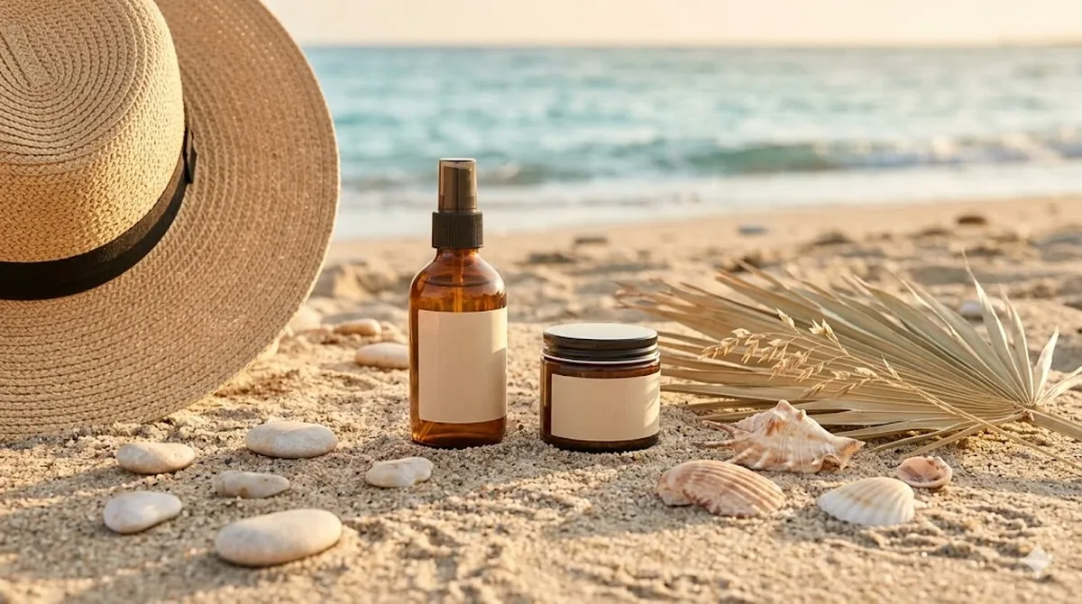 Donna in spiaggia che protegge i capelli dal sole con cappello e spray UV durante l'estate