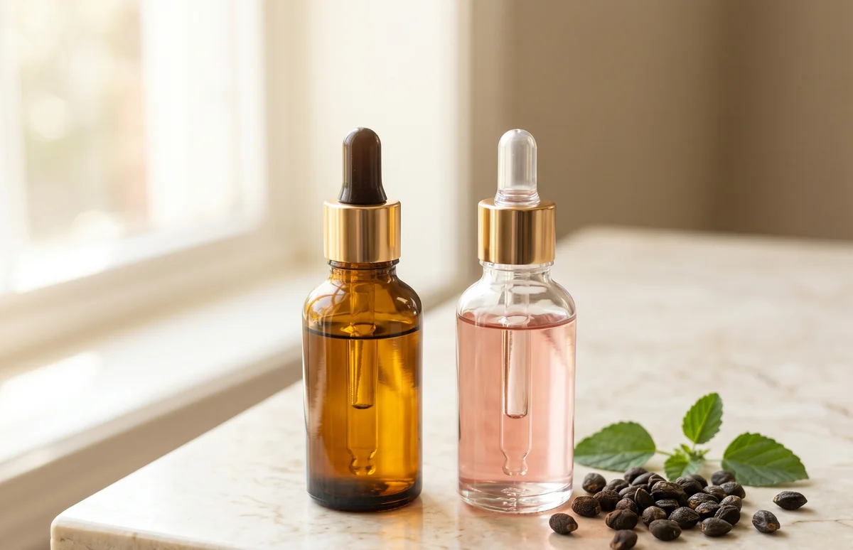 Confronto visivo tra flacone di siero al retinolo e serum al bakuchiol per skincare anti-age